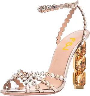 FSJ Women Jeweled High Heel Sandals Rhinestones Diamonds Chunky Block Heel Ankle Strap Buckle Open Toe Fashion Party Evening Wedding Dress Shoes Size 4-15 US