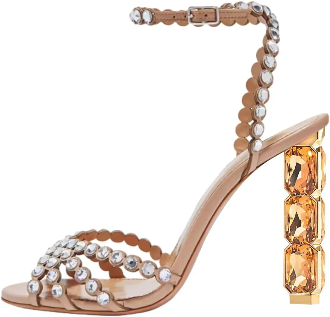 FSJ Women Jeweled High Heel Sandals Rhinestones Diamonds Chunky Block Heel Ankle Strap Buckle Open Toe Fashion Party Evening Wedding Dress Shoes Size 4-15 US