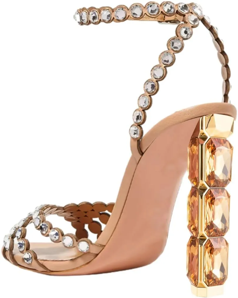 FSJ Women Jeweled High Heel Sandals Rhinestones Diamonds Chunky Block Heel Ankle Strap Buckle Open Toe Fashion Party Evening Wedding Dress Shoes Size 4-15 US