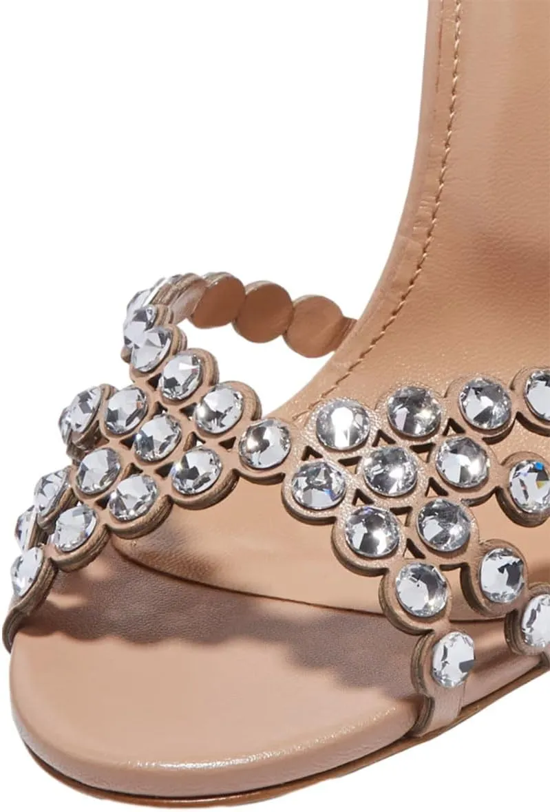 FSJ Women Jeweled High Heel Sandals Rhinestones Diamonds Chunky Block Heel Ankle Strap Buckle Open Toe Fashion Party Evening Wedding Dress Shoes Size 4-15 US