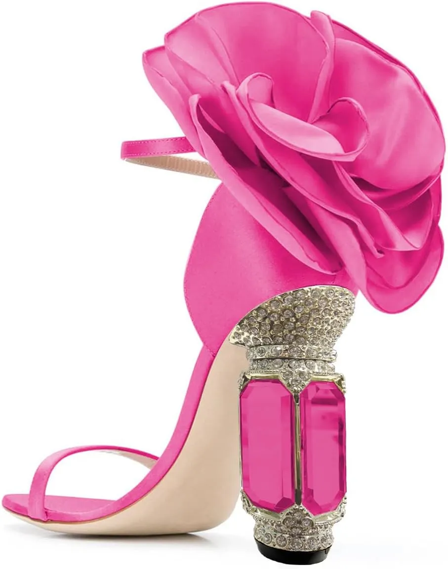 FSJ Women Open Toe Crystal Block Heels Sandals with Flower Bloom Back Ankle Strap Buckle Silk Satin Chunky Thick High Heels Wedding Party Pump Shoes Size 4-16 US