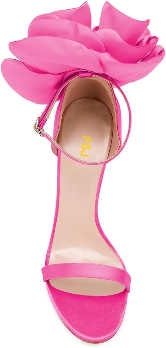 FSJ Women Open Toe Crystal Block Heels Sandals with Flower Bloom Back Ankle Strap Buckle Silk Satin Chunky Thick High Heels Wedding Party Pump Shoes Size 4-16 US