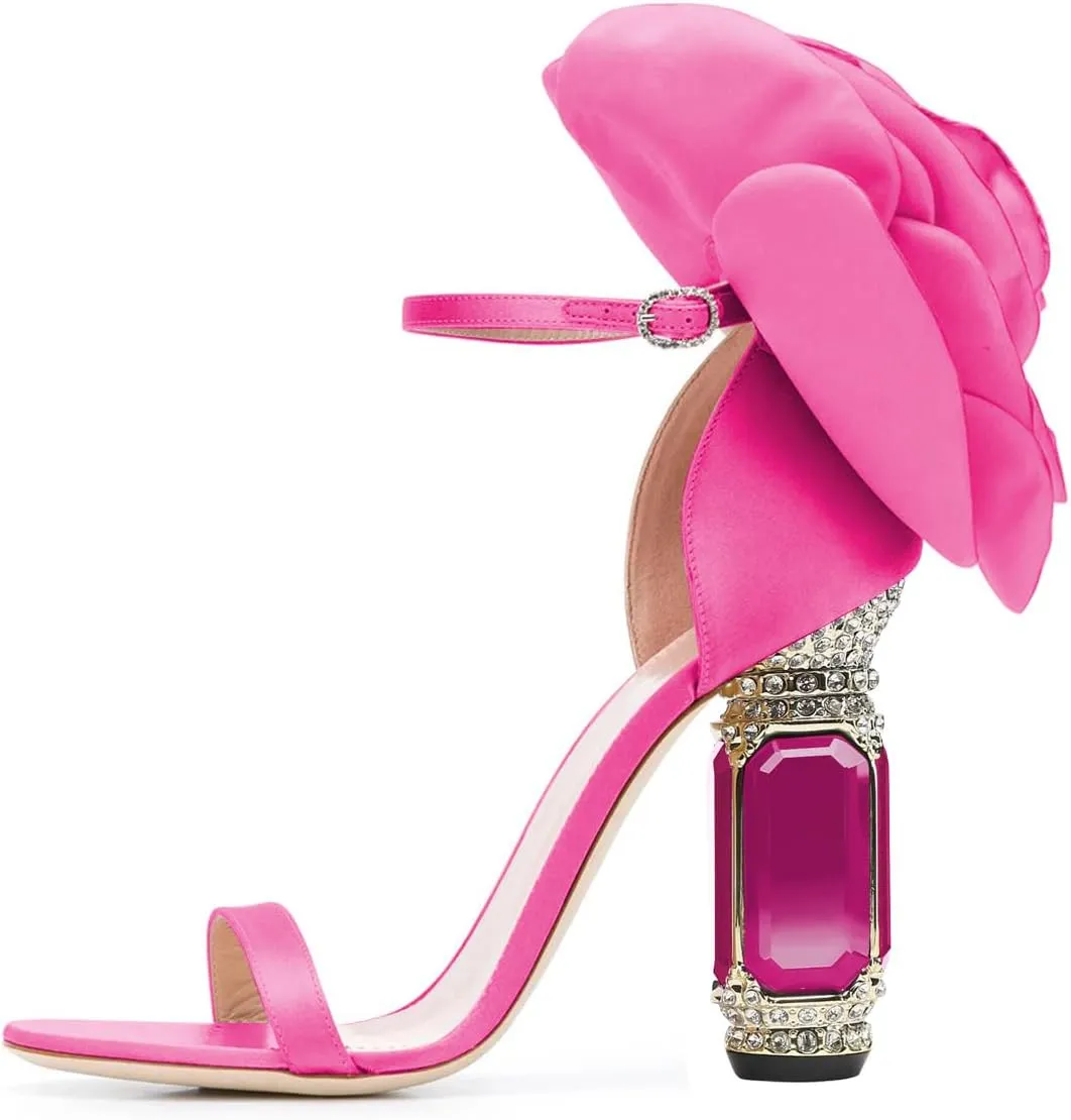 FSJ Women Open Toe Crystal Block Heels Sandals with Flower Bloom Back Ankle Strap Buckle Silk Satin Chunky Thick High Heels Wedding Party Pump Shoes Size 4-16 US