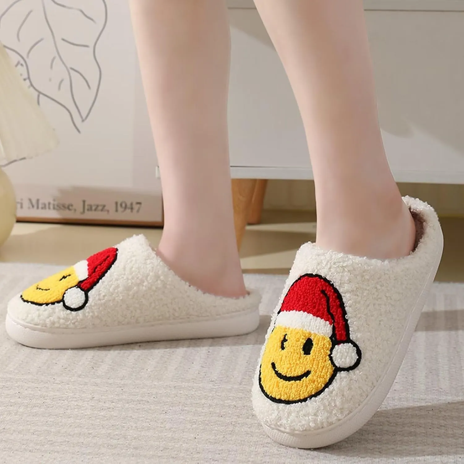 Fuzzy House Slippers for Women Smiley Face - Christmas Cozy Memory Foam Woman Slipper Indoor and Outdoor Winter Bedroom Shoes