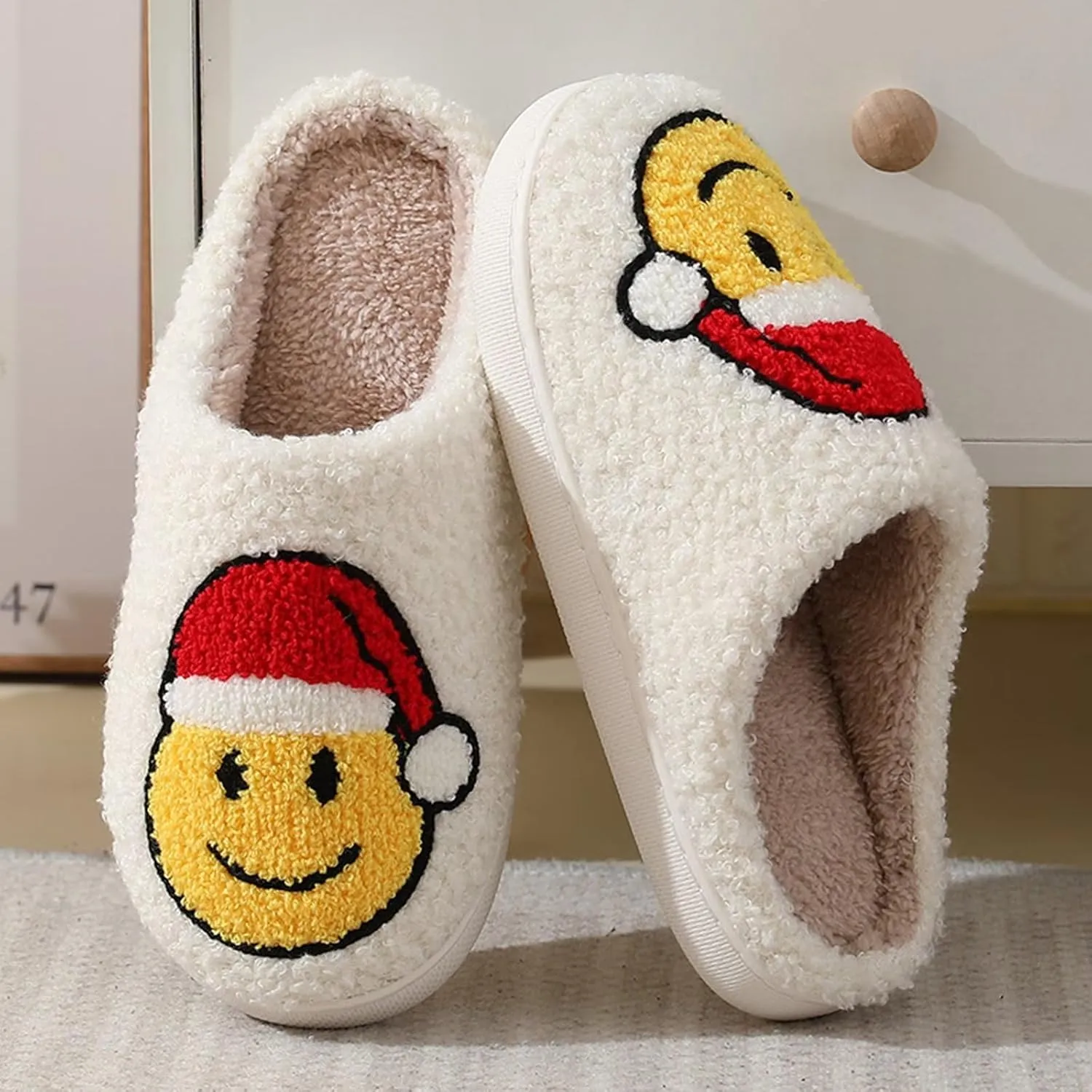 Fuzzy House Slippers for Women Smiley Face - Christmas Cozy Memory Foam Woman Slipper Indoor and Outdoor Winter Bedroom Shoes