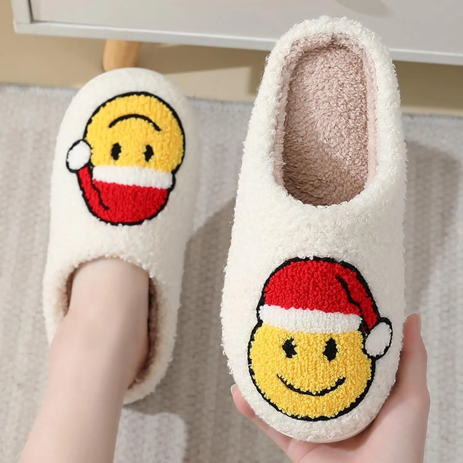 Fuzzy House Slippers for Women Smiley Face - Christmas Cozy Memory Foam Woman Slipper Indoor and Outdoor Winter Bedroom Shoes