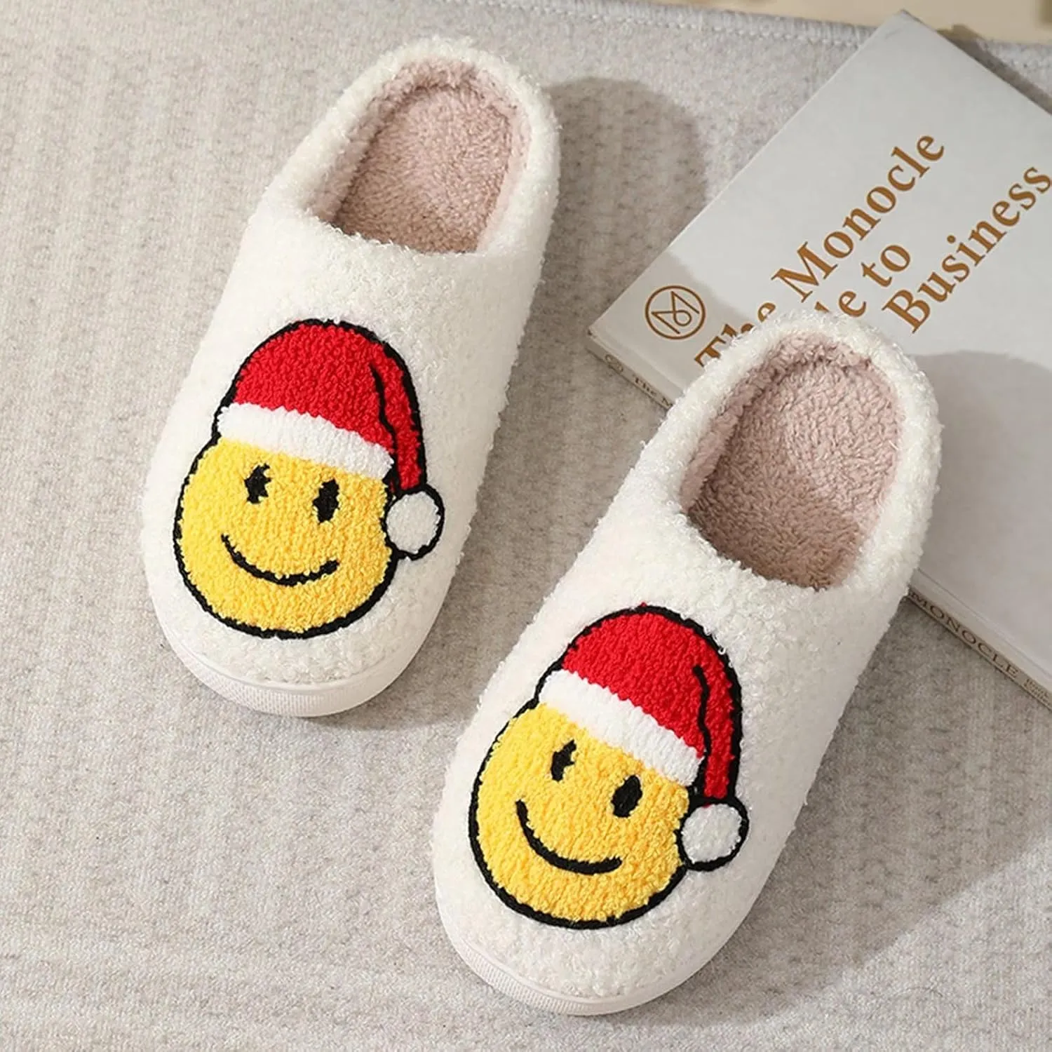 Fuzzy House Slippers for Women Smiley Face - Christmas Cozy Memory Foam Woman Slipper Indoor and Outdoor Winter Bedroom Shoes