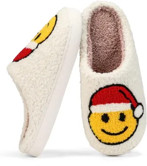 Fuzzy House Slippers for Women Smiley Face - Christmas Cozy Memory Foam Woman Slipper Indoor and Outdoor Winter Bedroom Shoes