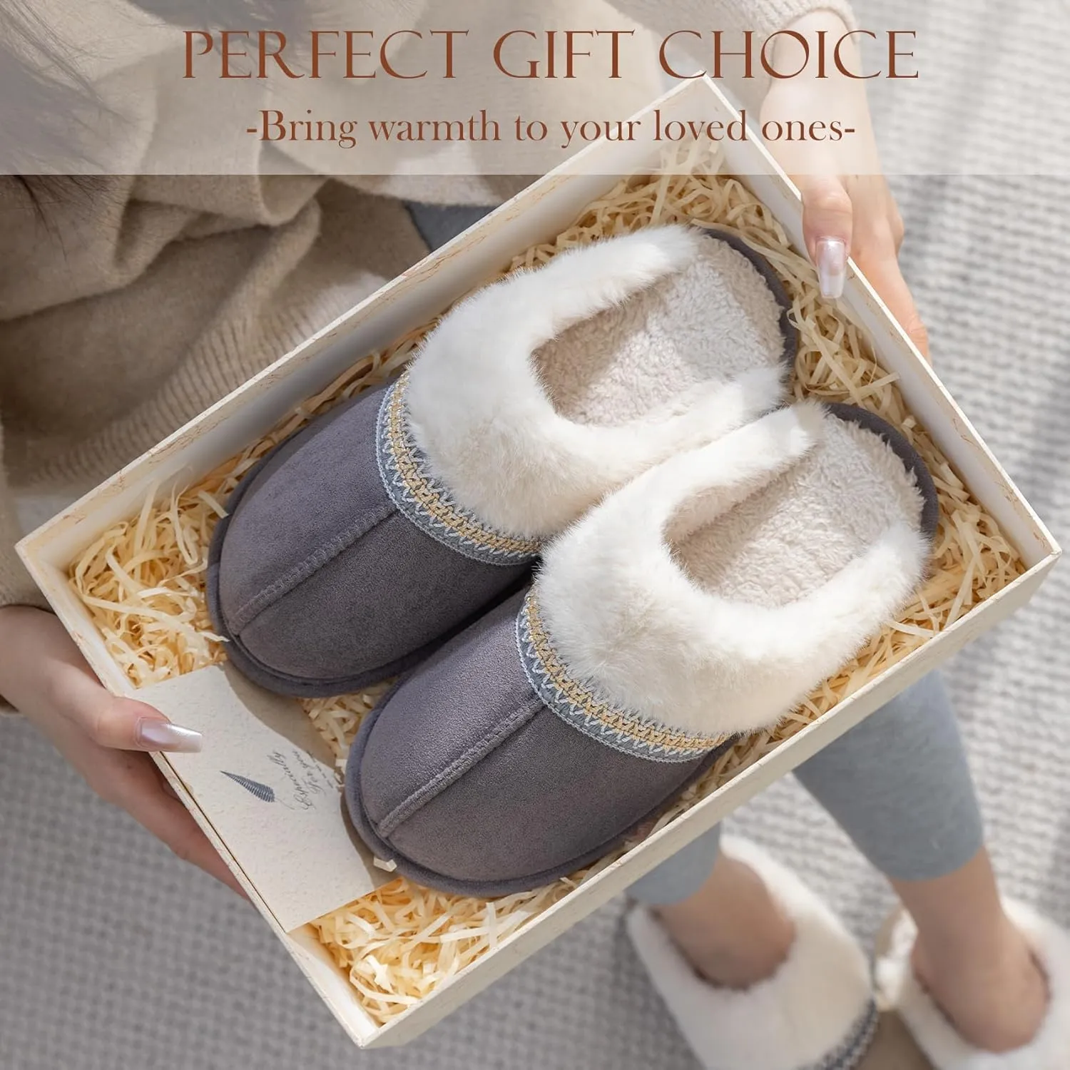 Fuzzy Slippers for Women with Memory Foam Warm Winter Suede House Slippers Indoor Outdoor Gifts For Women Faux Fur Anti-Skid