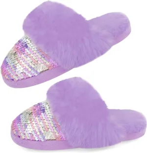 Girls Fluffy Slippers,Sequin Faux Fur Fuzzy Slip-on House Slippers with Memory Foam House Shoes for Girls Bedroom Slippers