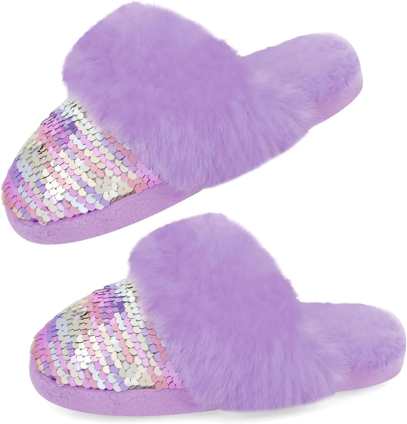 Girls Fluffy Slippers,Sequin Faux Fur Fuzzy Slip-on House Slippers with Memory Foam House Shoes for Girls Bedroom Slippers