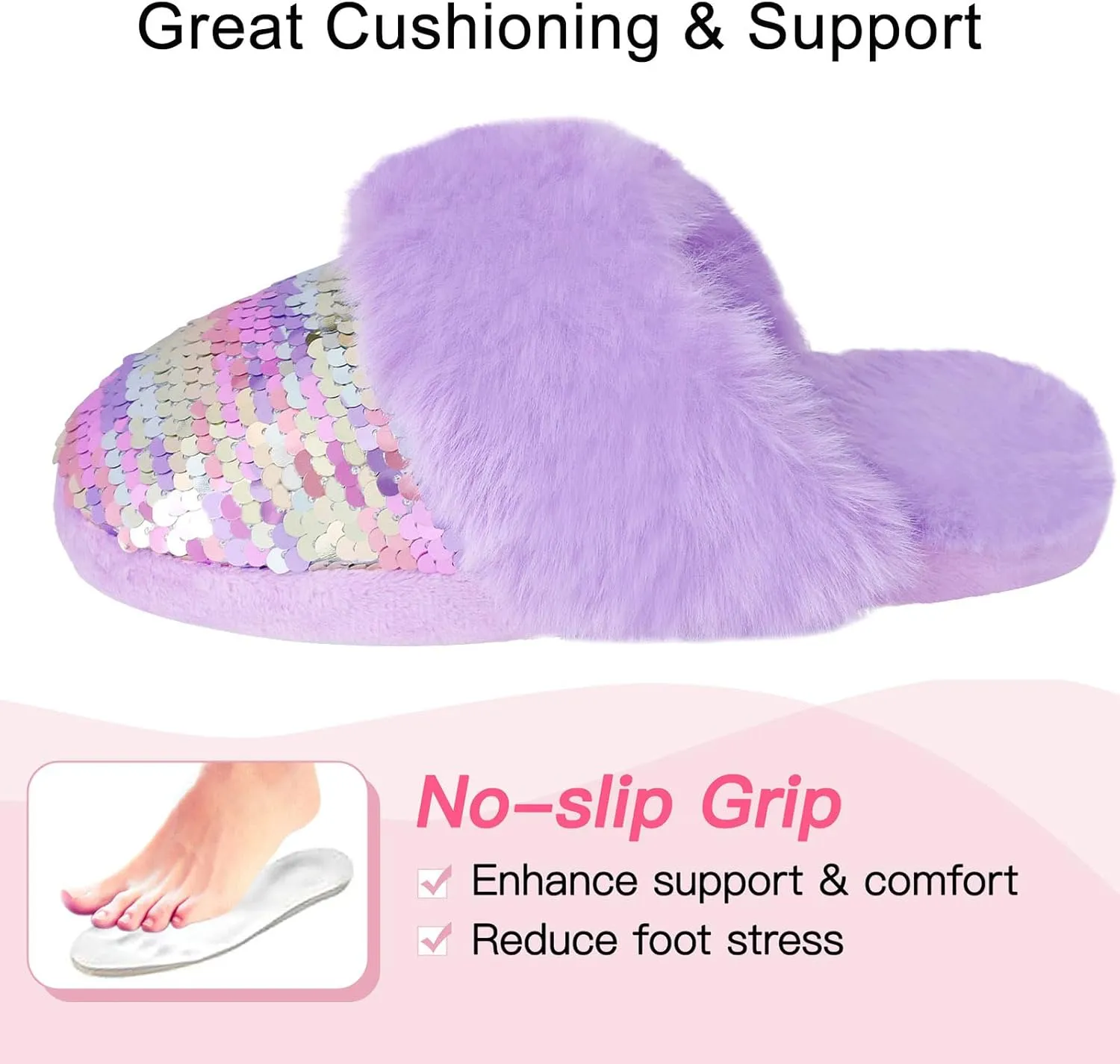 Girls Fluffy Slippers,Sequin Faux Fur Fuzzy Slip-on House Slippers with Memory Foam House Shoes for Girls Bedroom Slippers