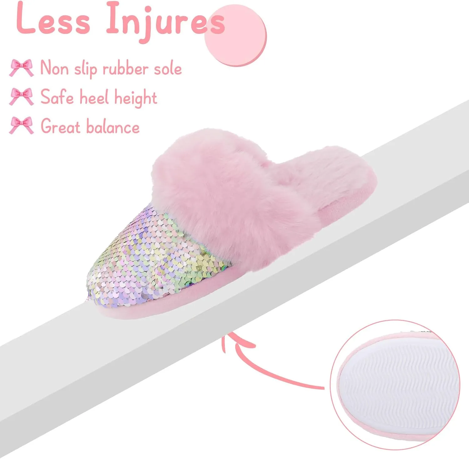 Girls Plush House Slippers Fluffy Sequin Slippers, Cute Faux Fur Slip-on Shoes Memory Foam House Slipper