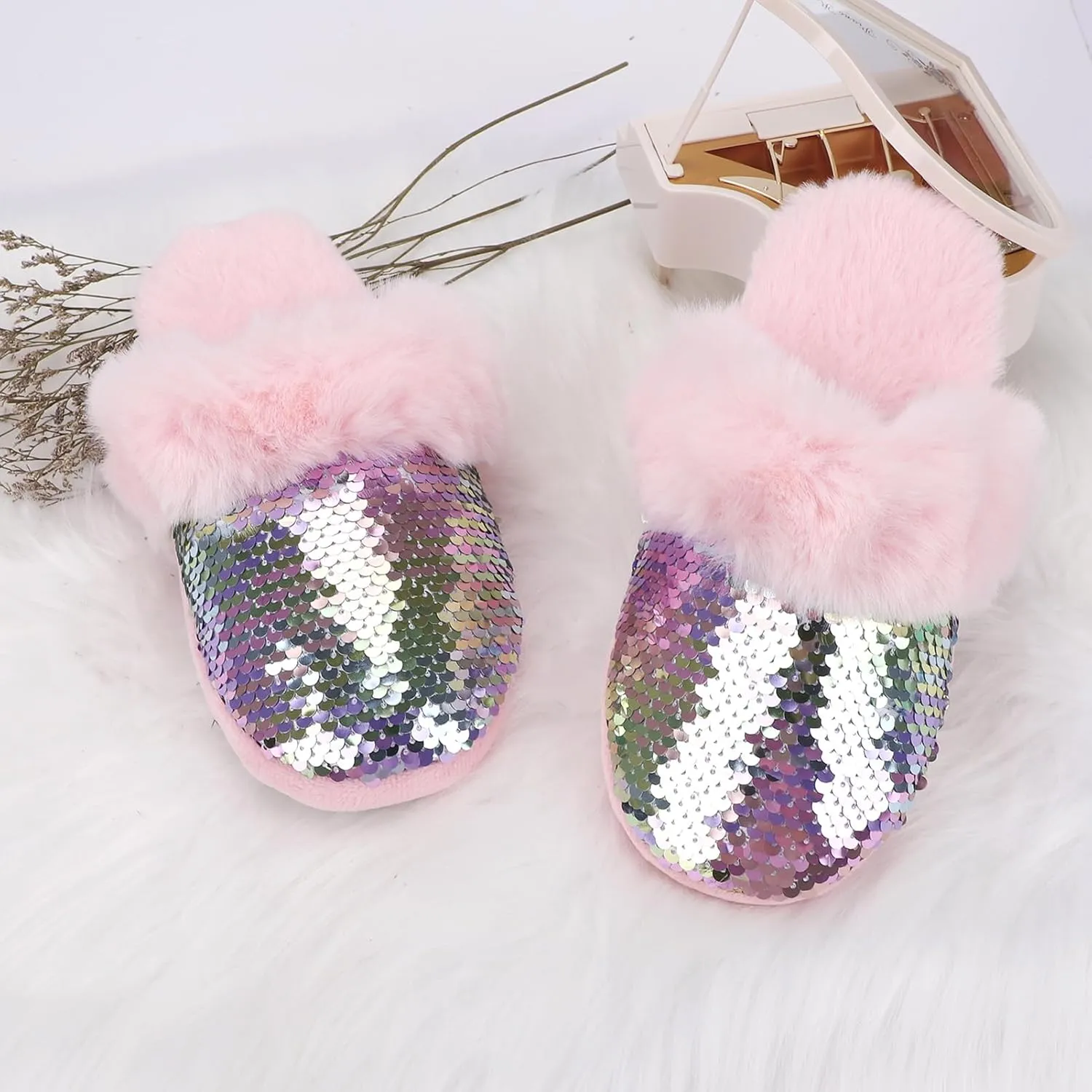 Girls Plush House Slippers Fluffy Sequin Slippers, Cute Faux Fur Slip-on Shoes Memory Foam House Slipper