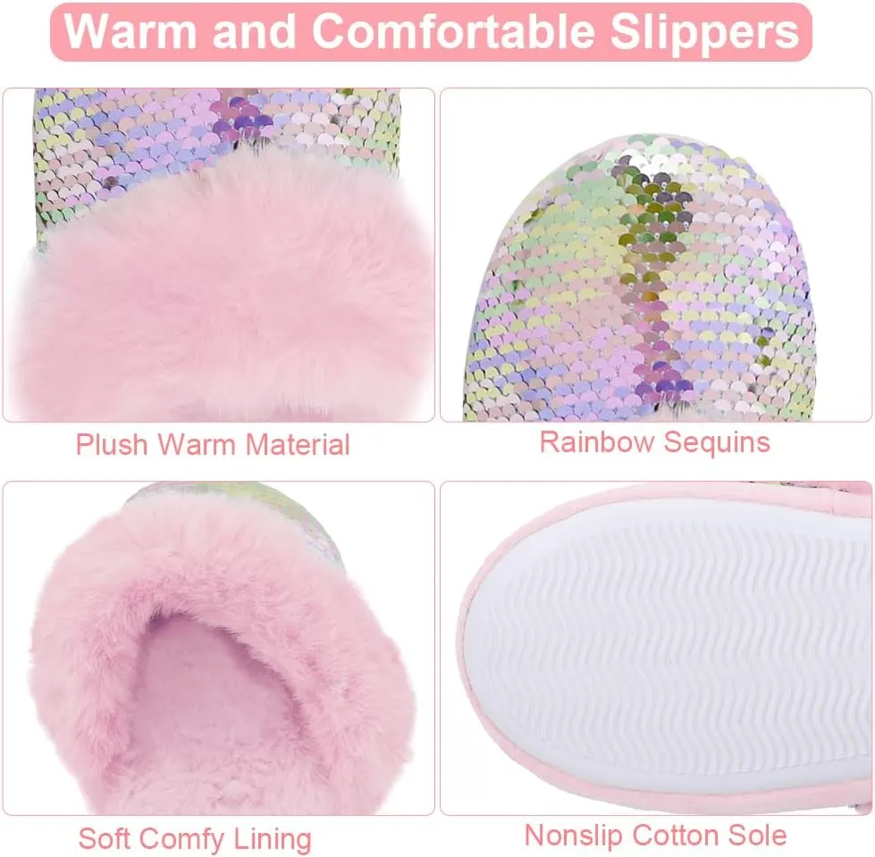 Girls Plush House Slippers Fluffy Sequin Slippers, Cute Faux Fur Slip-on Shoes Memory Foam House Slipper