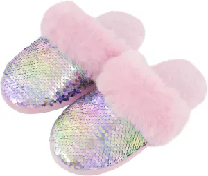 Girls Plush House Slippers Fluffy Sequin Slippers, Cute Faux Fur Slip-on Shoes Memory Foam House Slipper