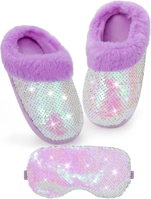Girls Plush Sequin Slippers With Sleep Mask, Cute Faux Fur Slip-on Shoes Memory Foam House Shoes for Girls Bedroom Slippers