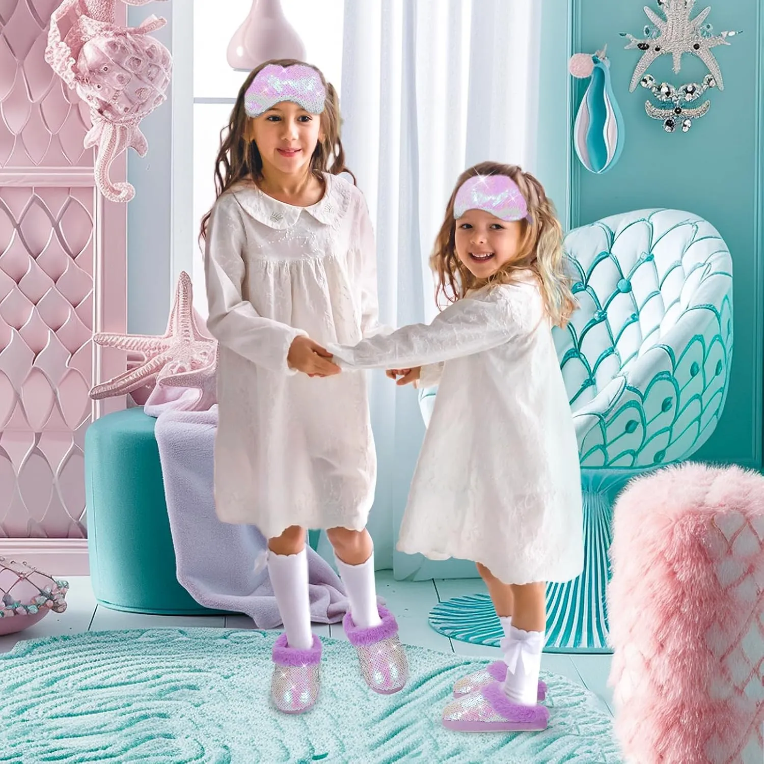 Girls Plush Sequin Slippers With Sleep Mask, Cute Faux Fur Slip-on Shoes Memory Foam House Shoes for Girls Bedroom Slippers