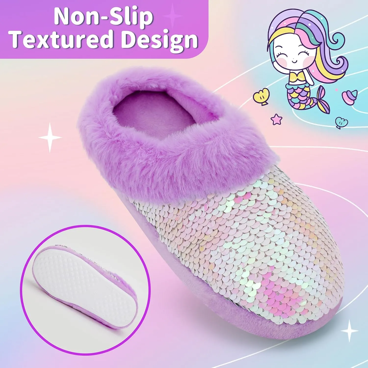 Girls Plush Sequin Slippers With Sleep Mask, Cute Faux Fur Slip-on Shoes Memory Foam House Shoes for Girls Bedroom Slippers