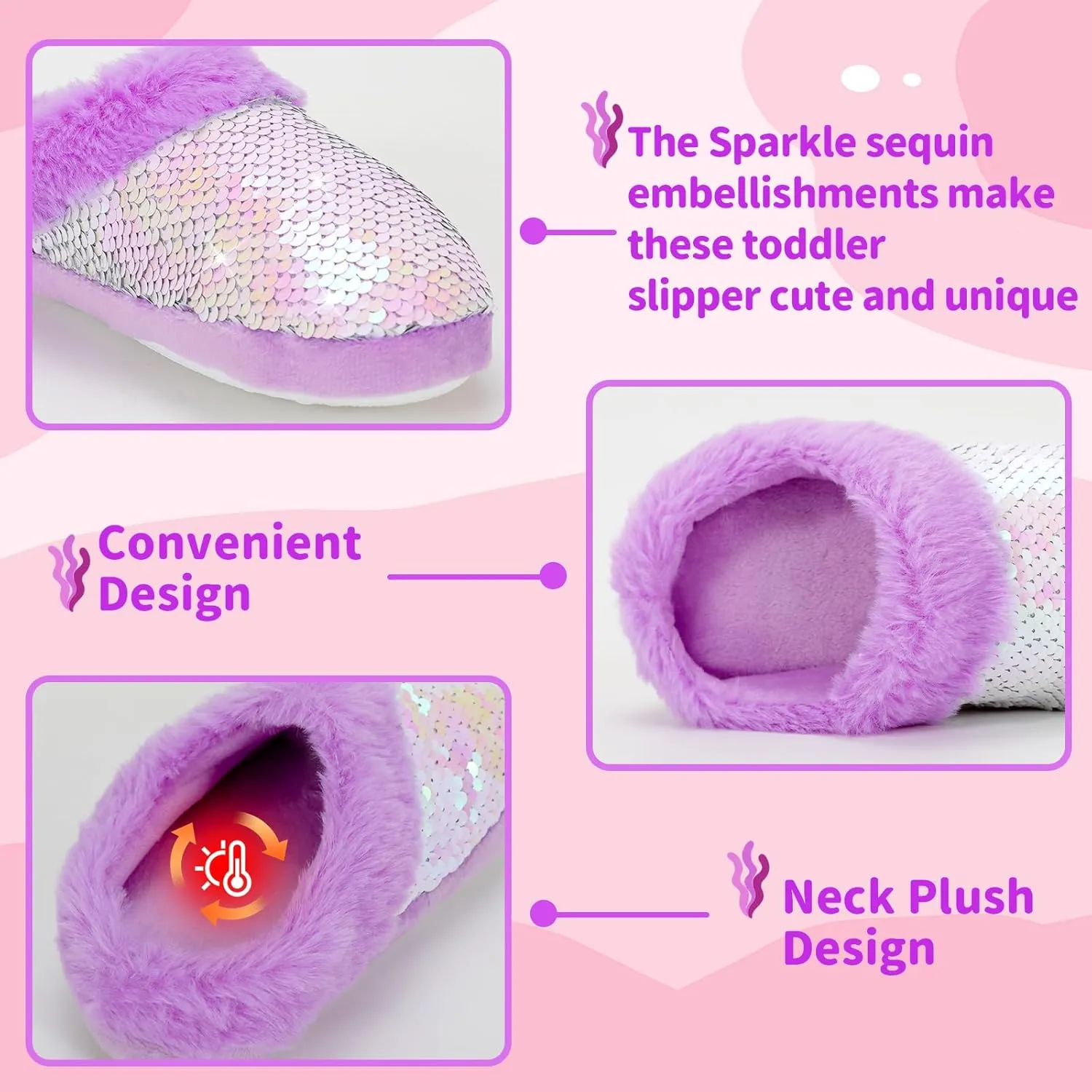 Girls Plush Sequin Slippers With Sleep Mask, Cute Faux Fur Slip-on Shoes Memory Foam House Shoes for Girls Bedroom Slippers