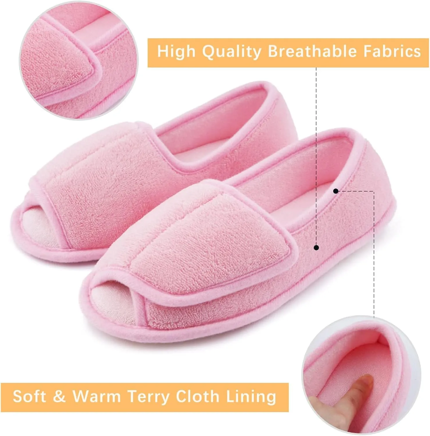 Git-up Diabetic Slippers for Women Memory Foam Arthritis Edema Adjustable Open Toe Swollen Feet Slippers Bedroom House Indoor Outdoor Shoes with Rubber Sole