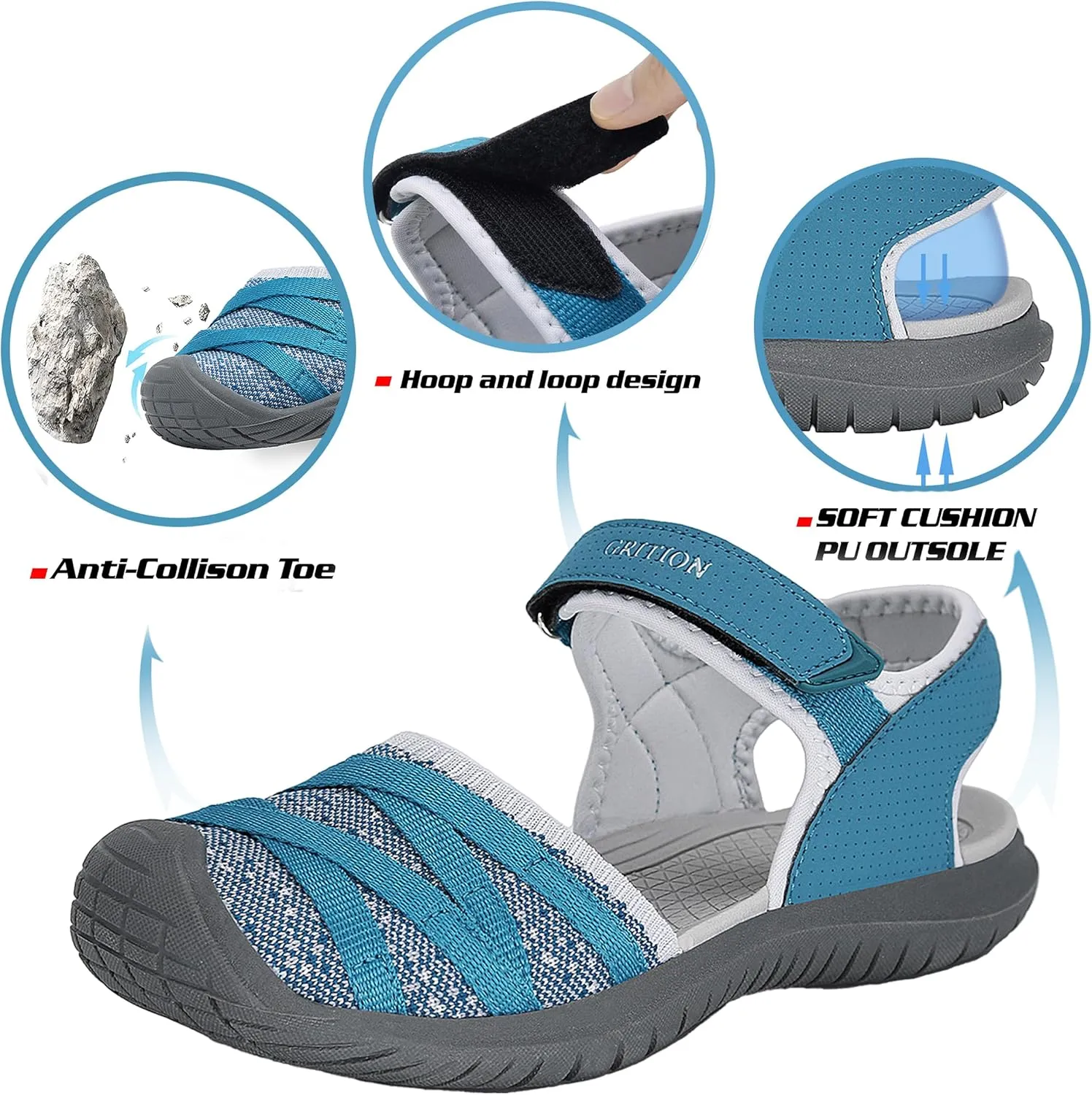 GRITION Hiking Sandals Women Closed Toe, Waterproof Lightweight Adjustable Hiking Athletic Sandals, Breathable For Beach Summer Adventure Comfortable Outdoor Sport