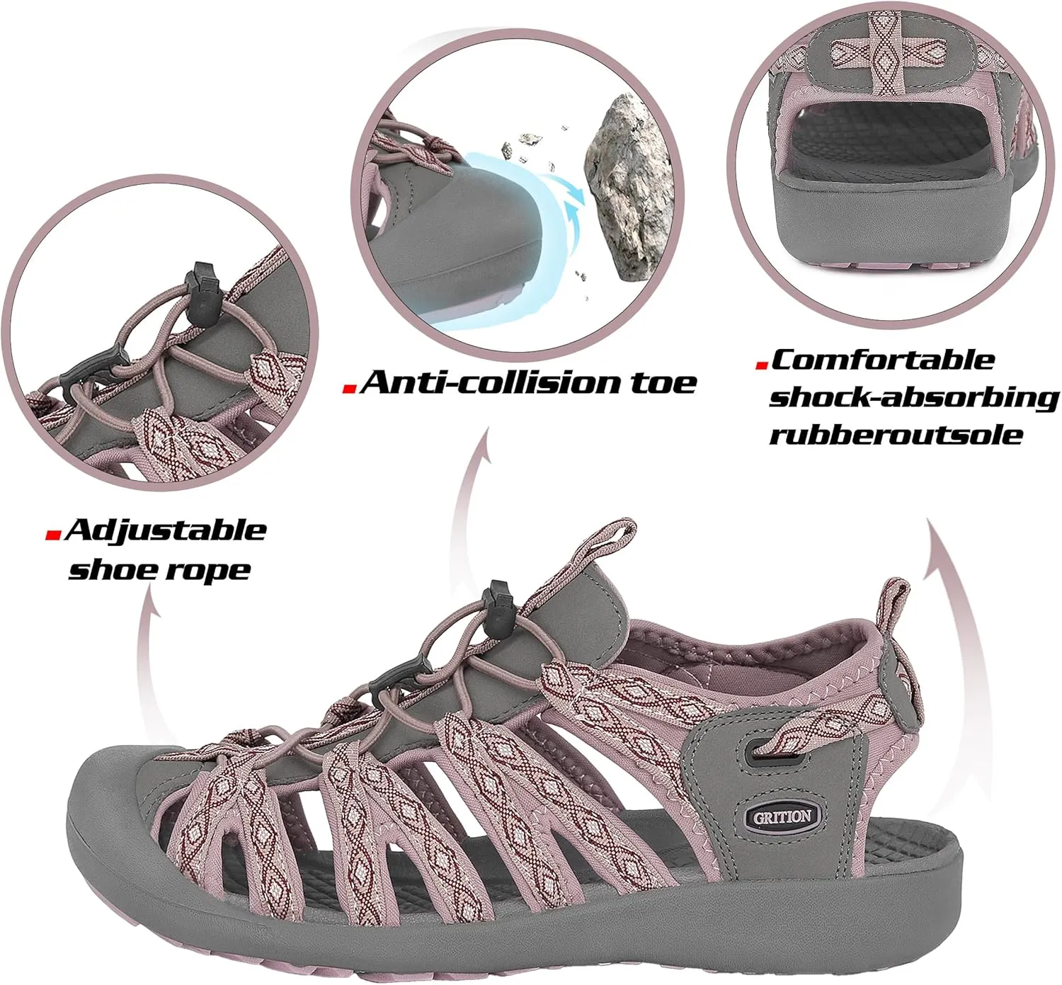 GRITION Hiking Sandals Women Closed Toe, Waterproof Lightweight Adjustable Hiking Athletic Sandals, Breathable For Beach Summer Adventure Comfortable Outdoor Sport