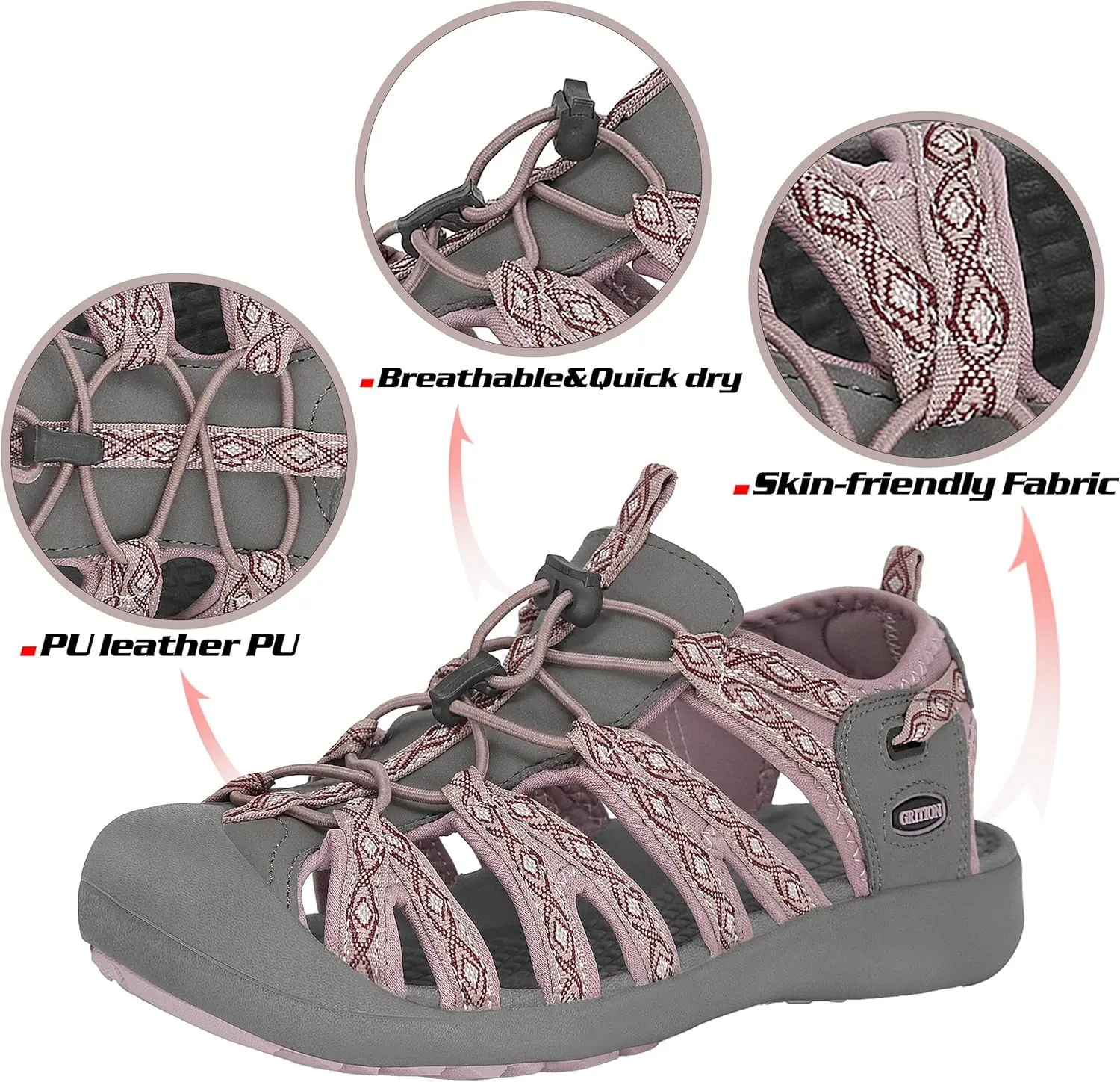 GRITION Hiking Sandals Women Closed Toe, Waterproof Lightweight Adjustable Hiking Athletic Sandals, Breathable For Beach Summer Adventure Comfortable Outdoor Sport
