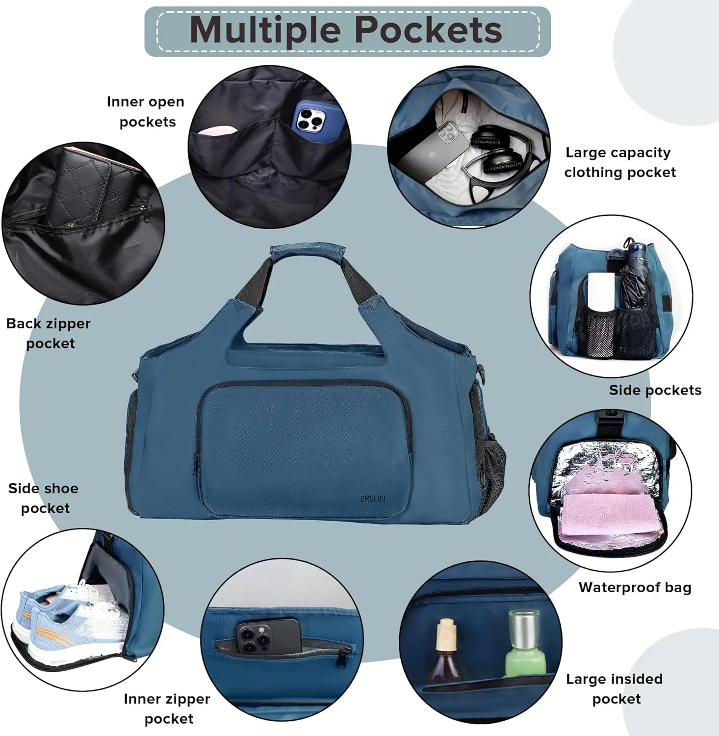 Gym Bags for Men Women, Sports Duffle Bag, Travel Gym Bag with Shoes Compartment and Wet Pocket, Foldable, Lightweight for Travel, Gym, Yoga (PK Blue)