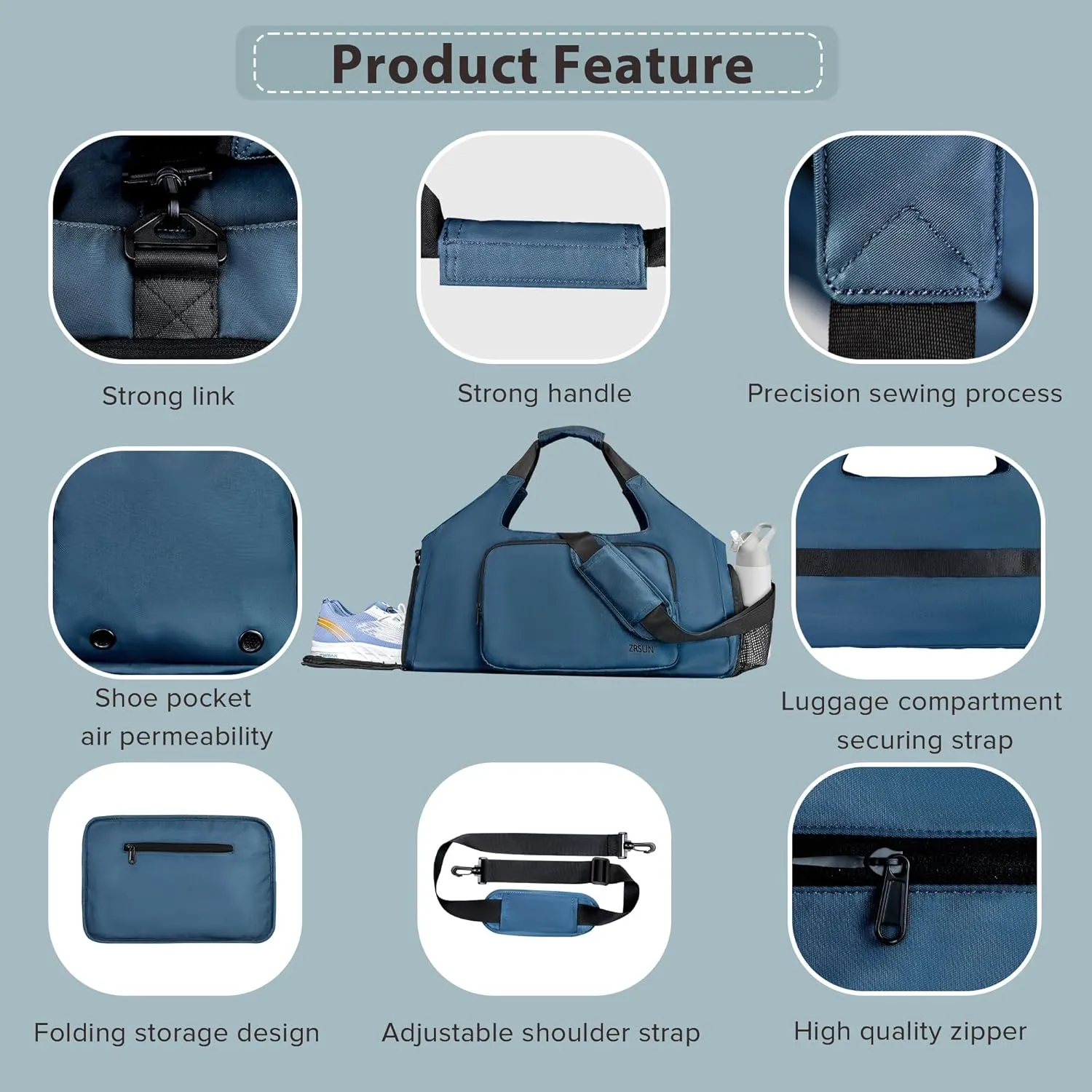 Gym Bags for Men Women, Sports Duffle Bag, Travel Gym Bag with Shoes Compartment and Wet Pocket, Foldable, Lightweight for Travel, Gym, Yoga (PK Blue)