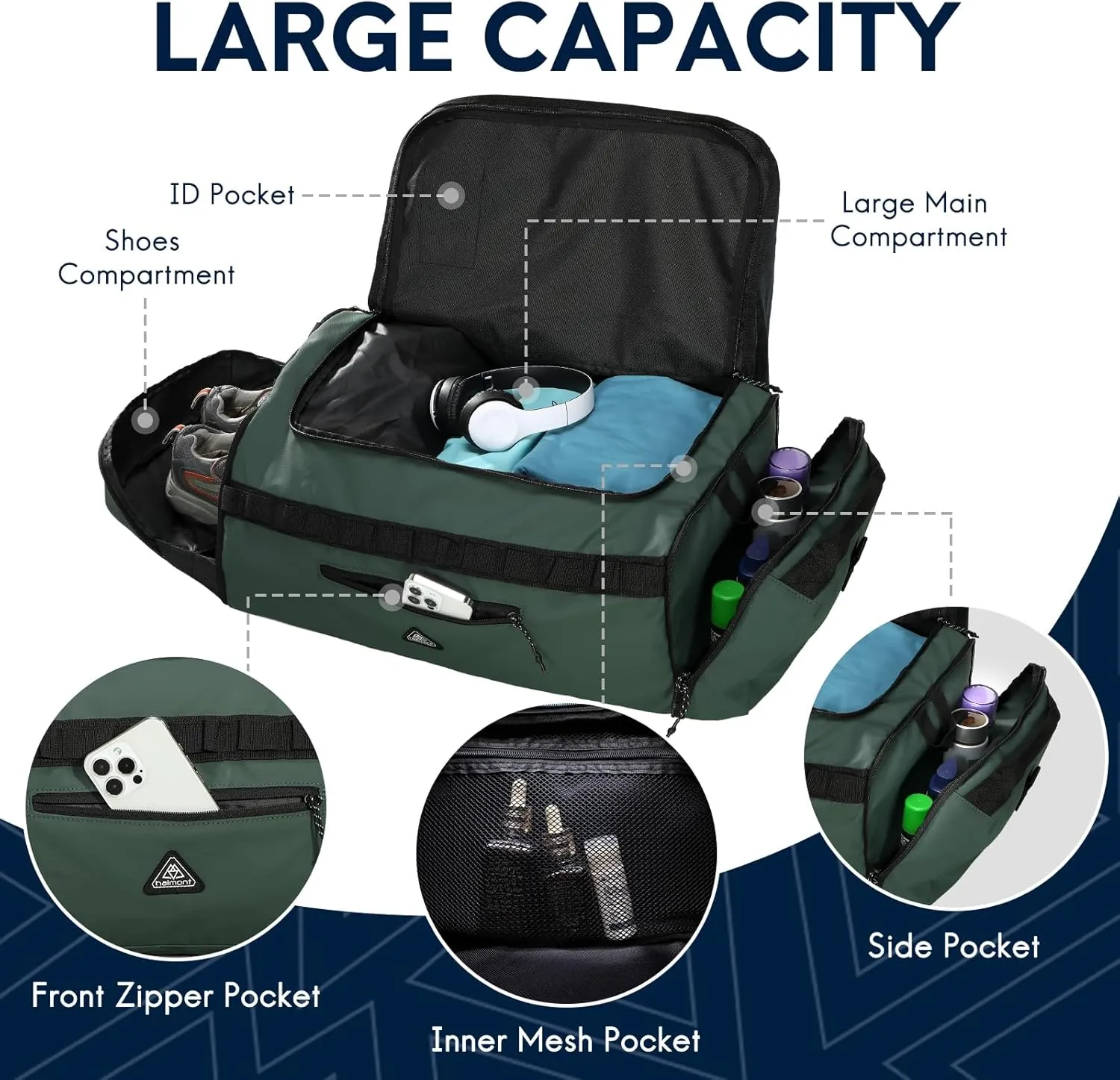 Haimont 50L Travel Duffle Bag for Men Women Foldable Sports Duffle Backpack for Gym Hiking Camping Workout Outdoor 60L with Pocket & Shoe Compartment, Upgrade, Army Green