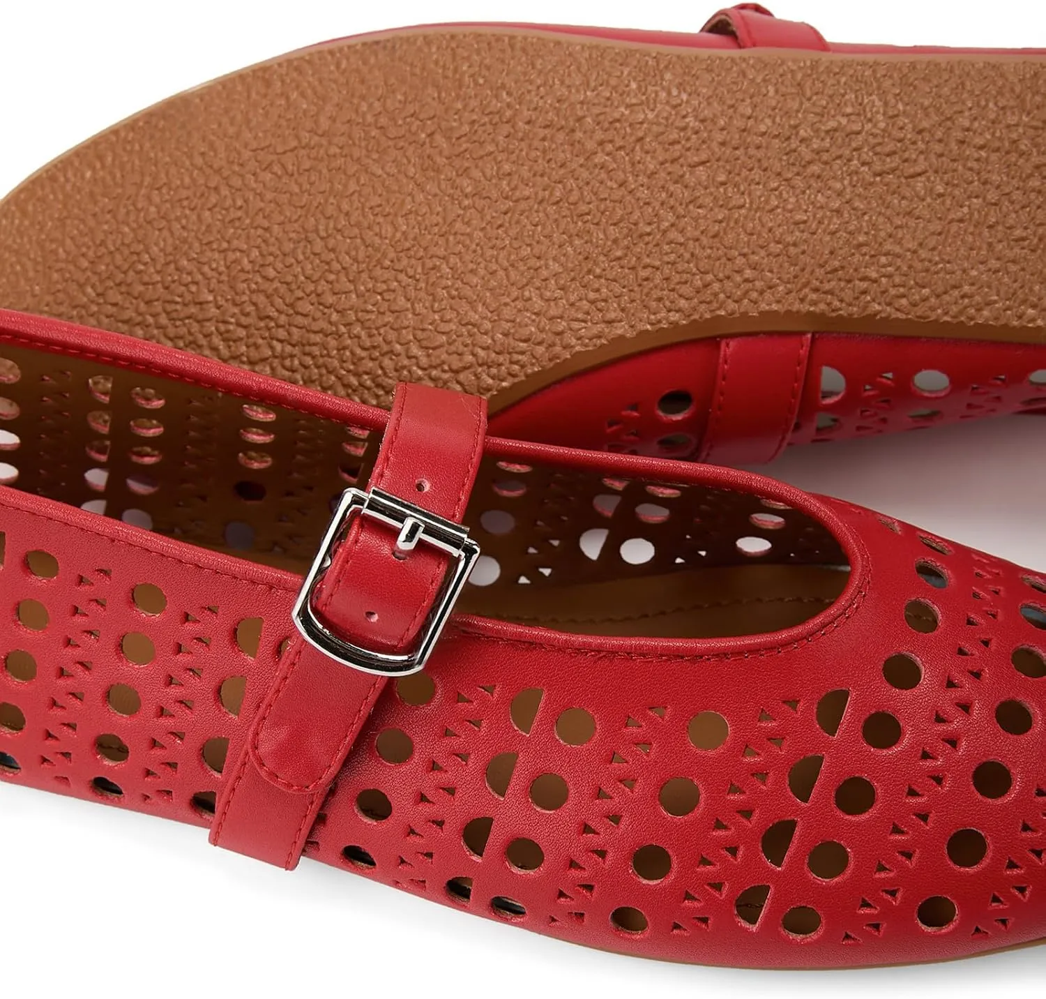 Hollow Ballet Flats Shoes for Women Breathable Hole Round Toe Ballerina Flats Fashion Women's Adjustable Buckle Strap Mary Jane Flats Comfortable Casual Dress