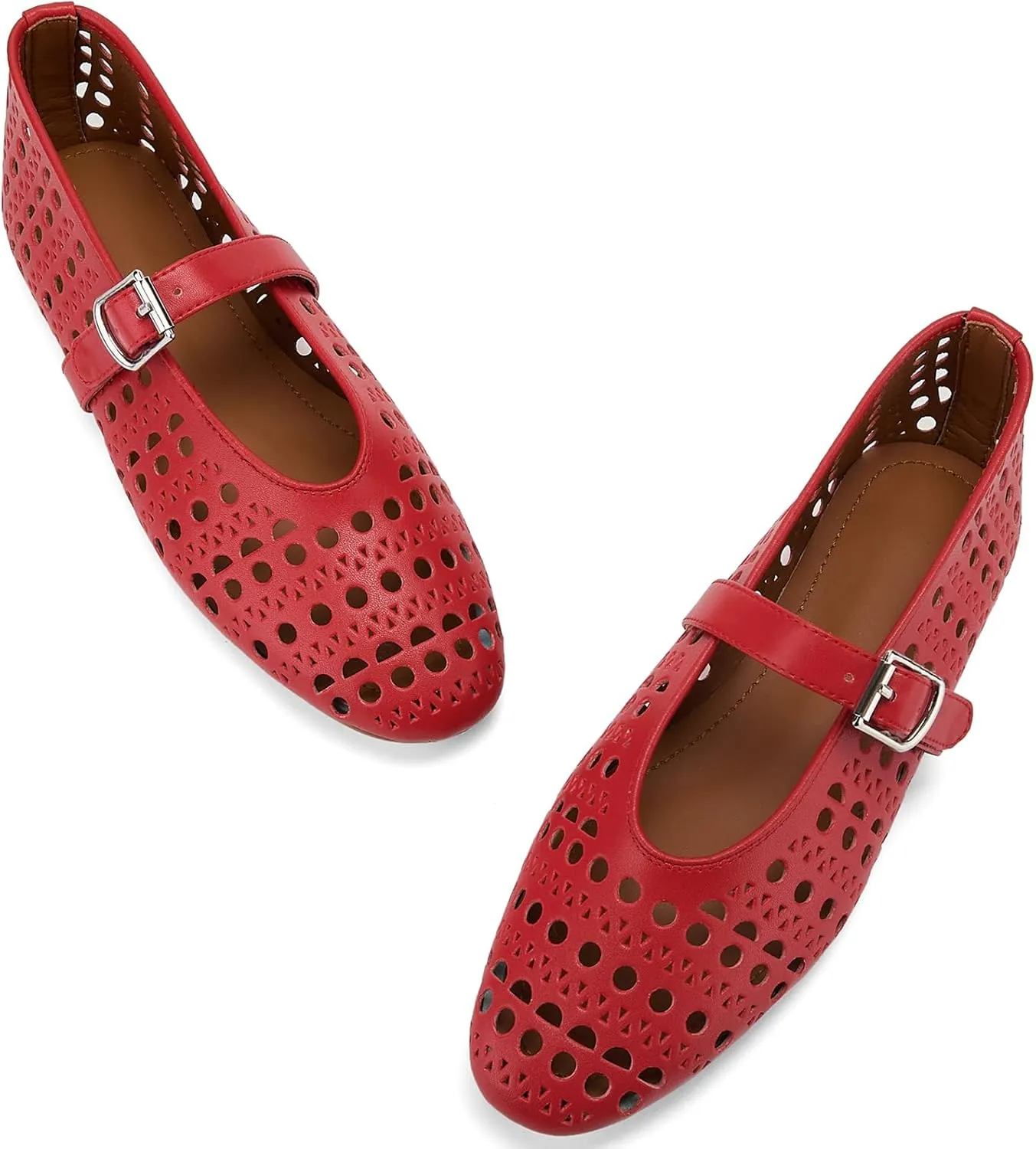 Hollow Ballet Flats Shoes for Women Breathable Hole Round Toe Ballerina Flats Fashion Women's Adjustable Buckle Strap Mary Jane Flats Comfortable Casual Dress