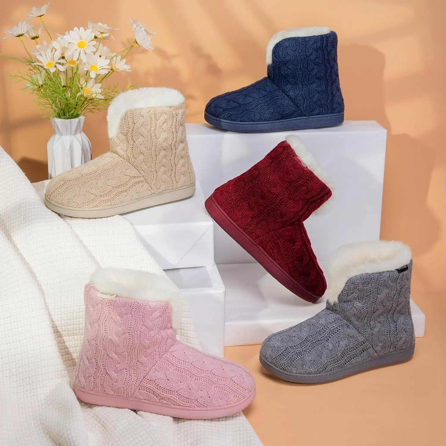 HomeTop Women's Knit Bootie Slippers Fuzzy Warm Memory Foam Indoor House Shoes