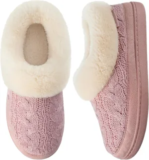 HomeTop Women's Knitted Clog Slippers Comfy Warm Memory Foam Non-slip Indoor House Shoes with Fuzzy Collar