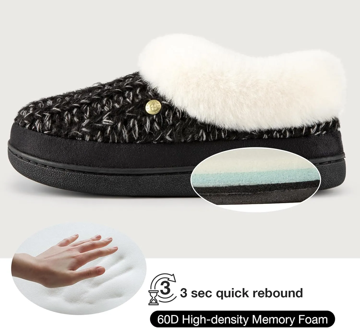 HomeTop Women's Knitted Clog Slippers Comfy Warm Memory Foam Non-slip Indoor House Shoes with Fuzzy Collar
