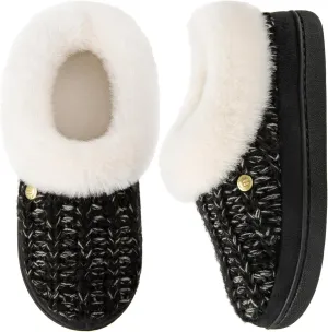 HomeTop Women's Knitted Clog Slippers Comfy Warm Memory Foam Non-slip Indoor House Shoes with Fuzzy Collar