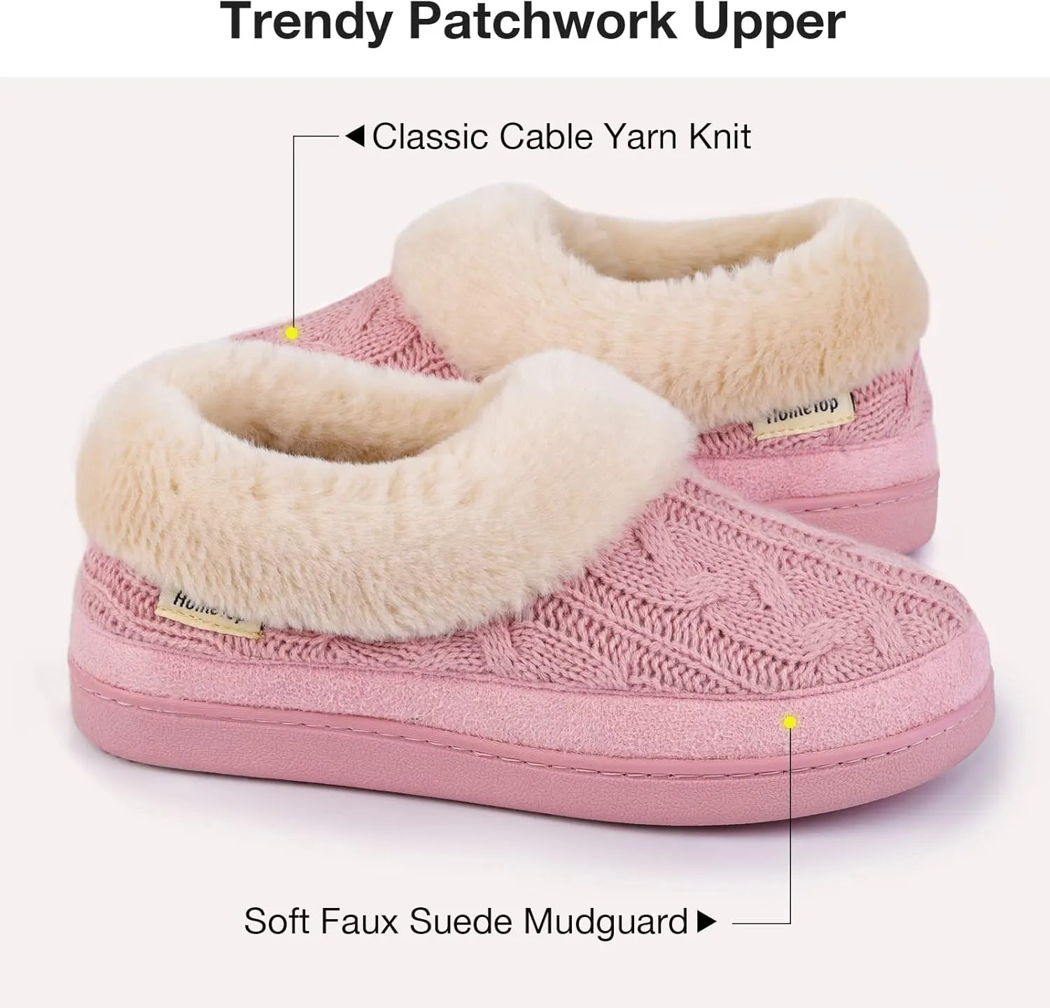 HomeTop Women's Knitted Clog Slippers Comfy Warm Memory Foam Non-slip Indoor House Shoes with Fuzzy Collar