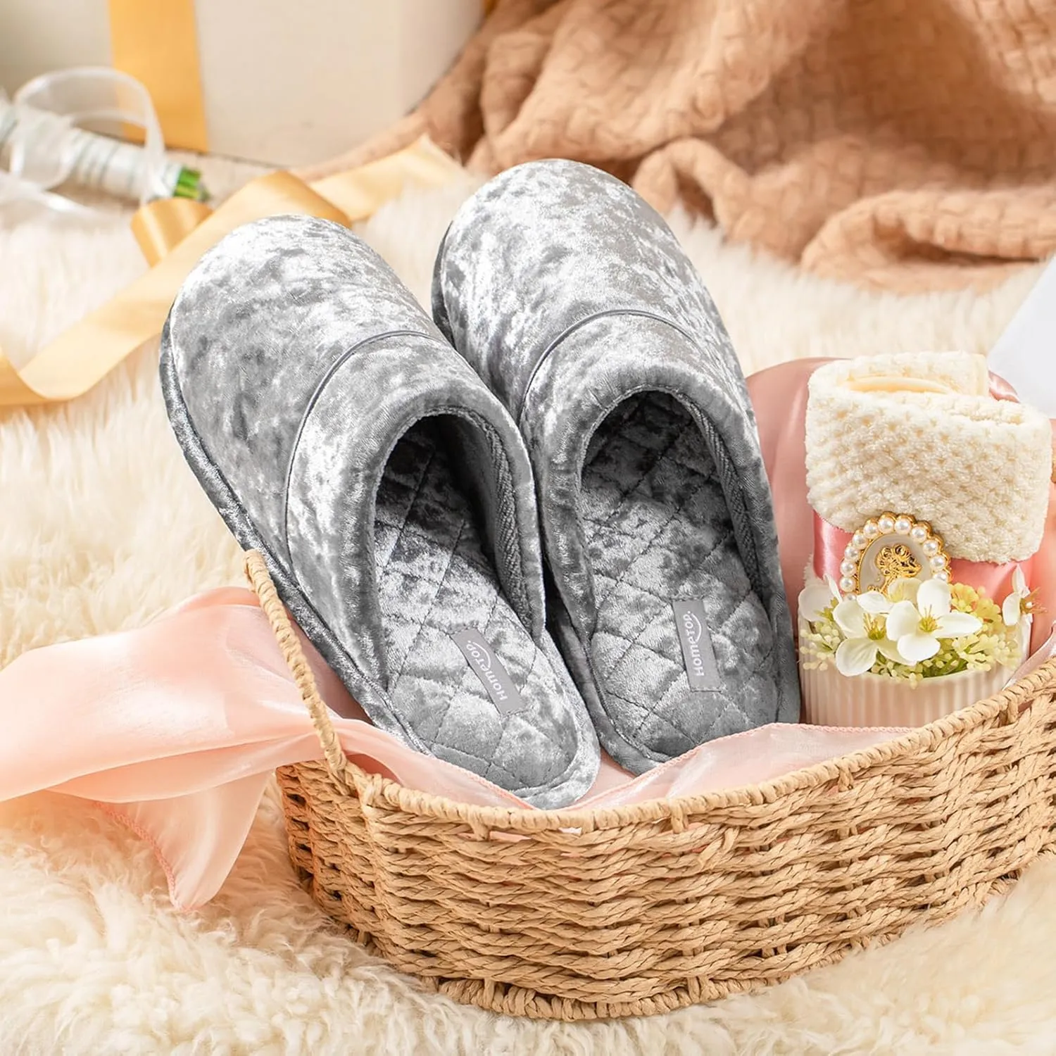 HomeTop Women's Luxury Diamond Velvet Memory Foam Scuff Slipper with Lightweight Rubber Sole