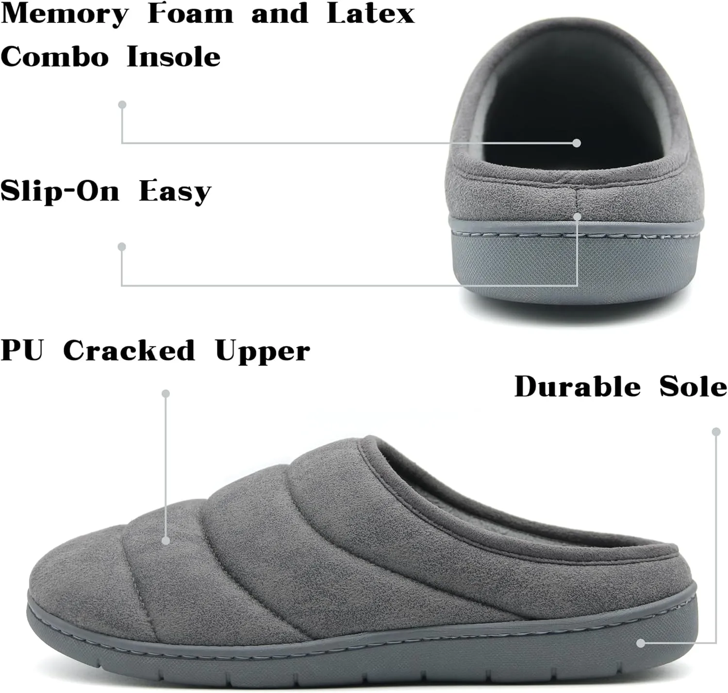 House Slippers for Men, Memory Foam Comfy Mens Slippers with Arch Support, Slip On Men's Bedroom Slipper with Rubber Sole Indoor Outdoor