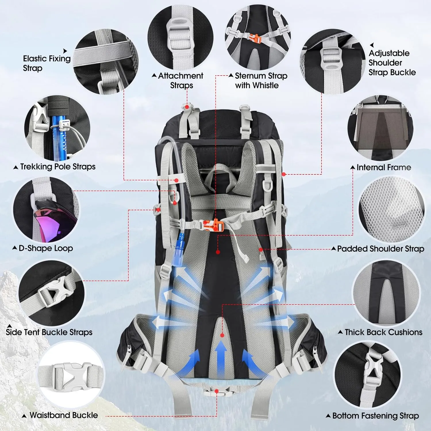 IGOLUMON 60L Hiking Backpack Waterproof Camping Backpack with Rain Cover Large Lightweight Backpacking Backpack for Men Women