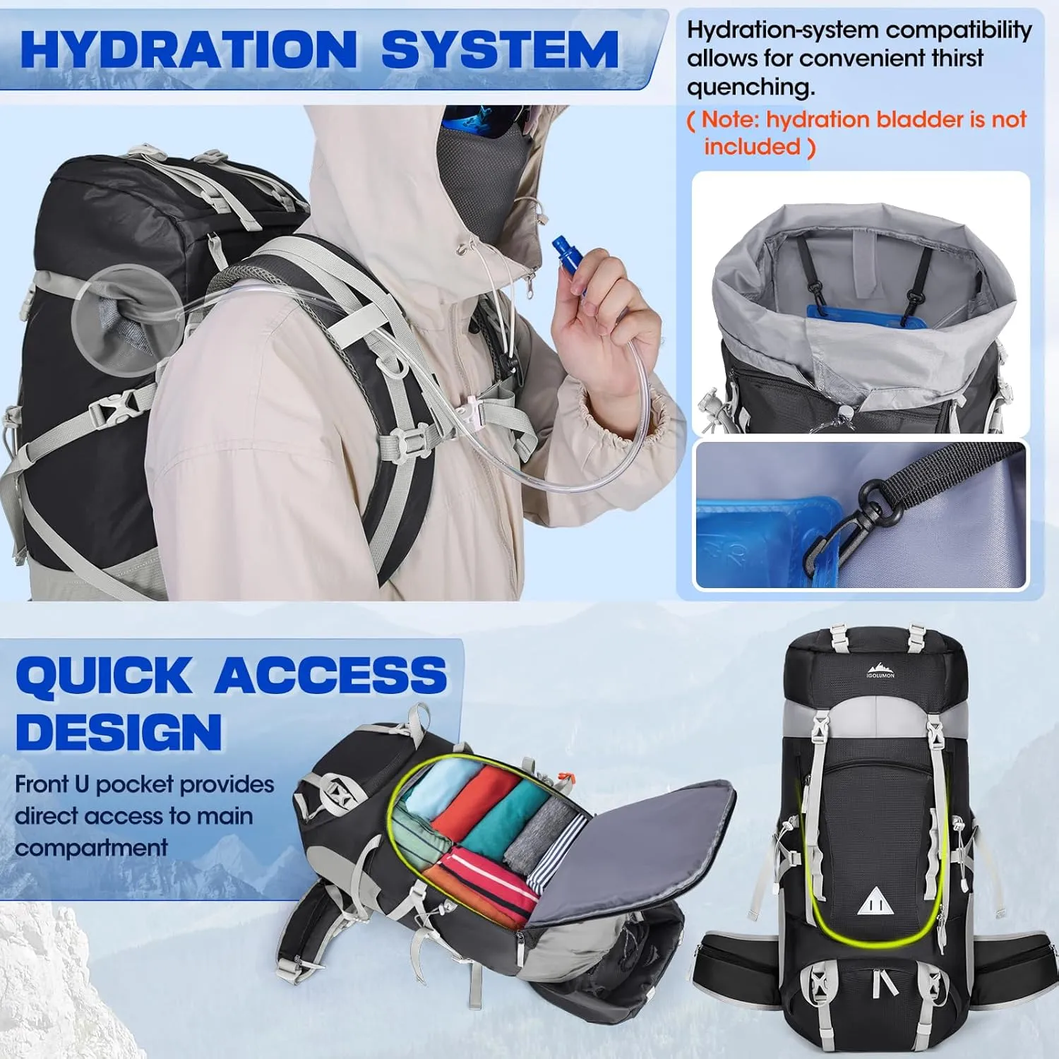 IGOLUMON 60L Hiking Backpack Waterproof Camping Backpack with Rain Cover Large Lightweight Backpacking Backpack for Men Women