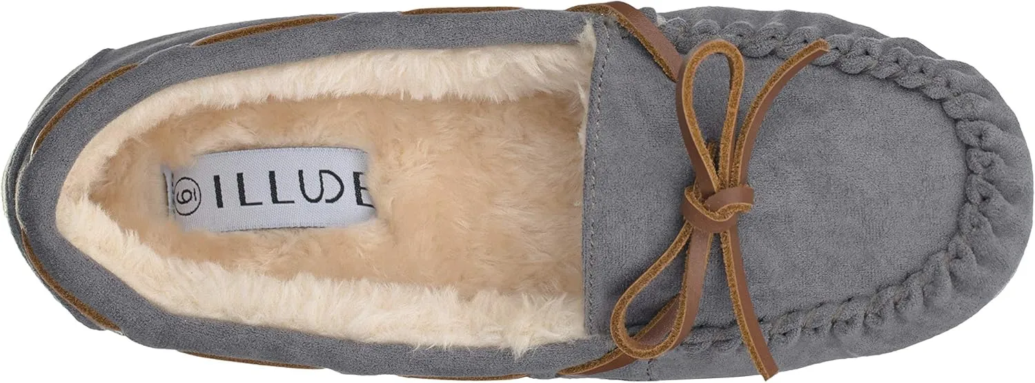 ILLUDE Women’s Moccasin Slipper Vegan Suede Faux Fur Lined Indoor Outdoor Moccasins Slip On Loafers Moccasins Shoes
