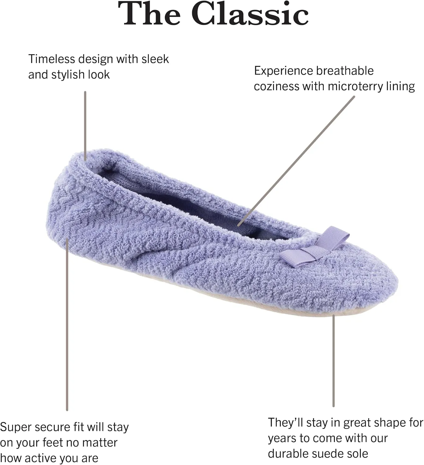 isotoner Women's Diamond Microterry Gemma Ballerina Slippers-Suede Sole with Memory Foam Comfort, Machine Washable