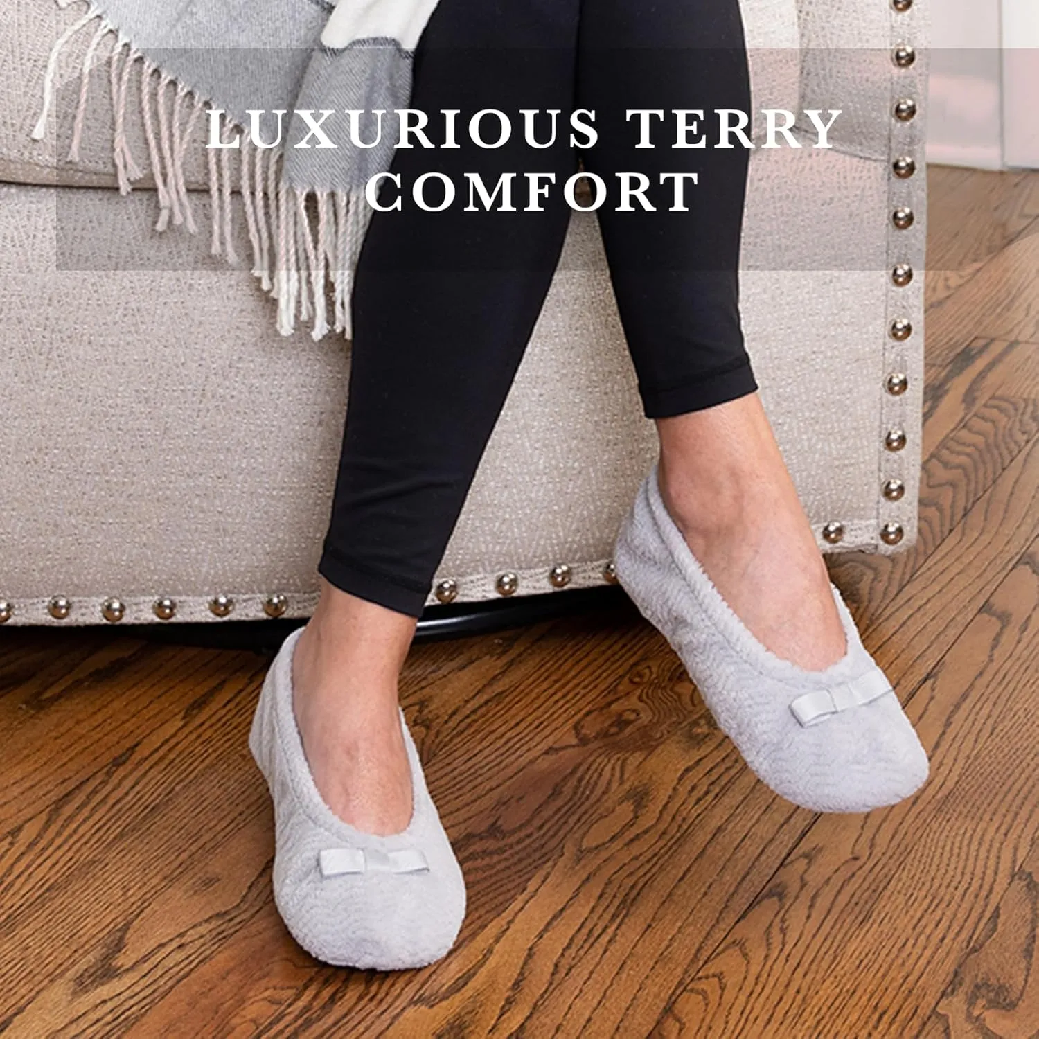 isotoner Women's Diamond Microterry Gemma Ballerina Slippers-Suede Sole with Memory Foam Comfort, Machine Washable