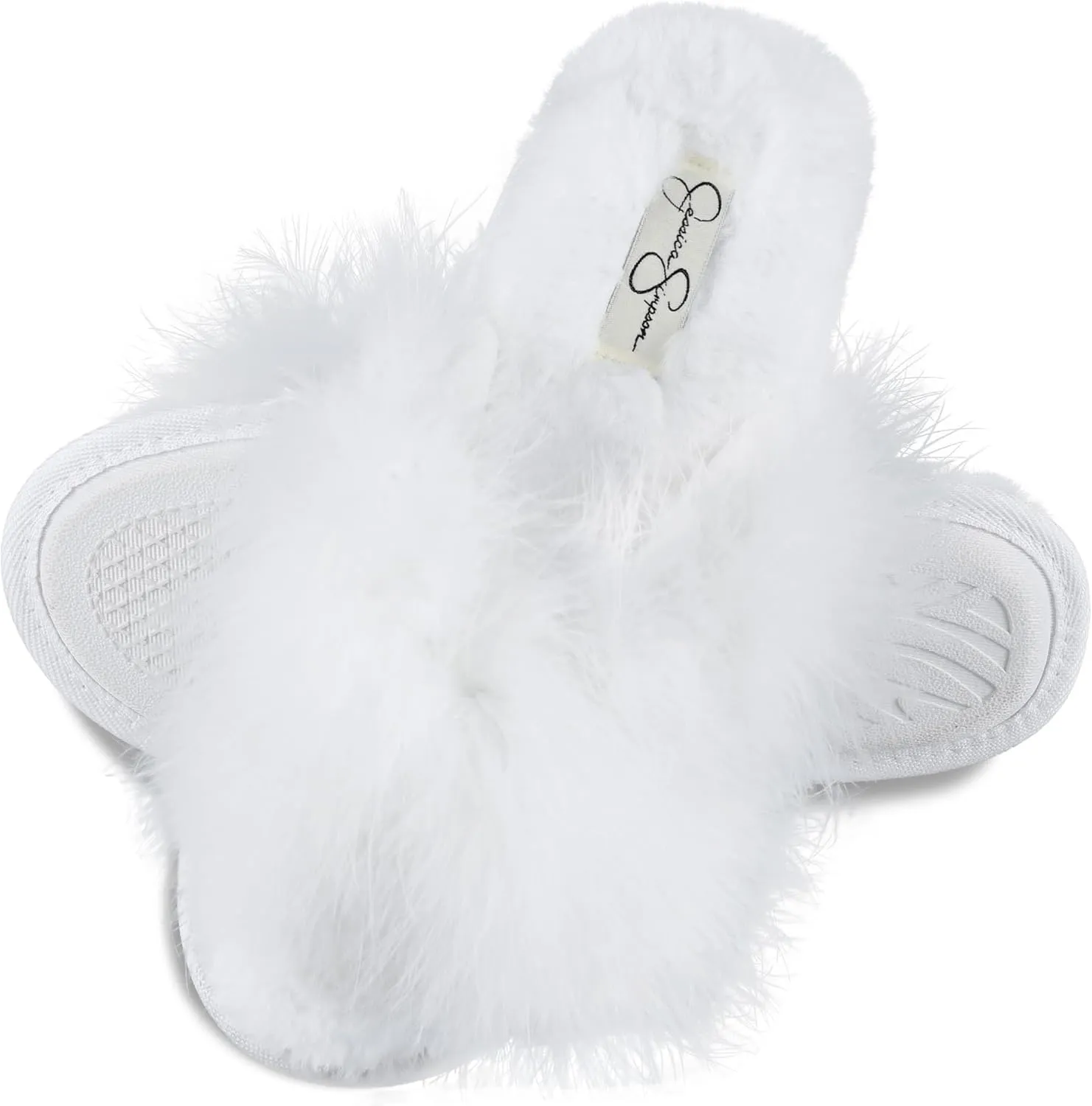 Jessica Simpson Women's Faux Feather Memory Foam Cross Slide Slipper with Anti-Slip Sole