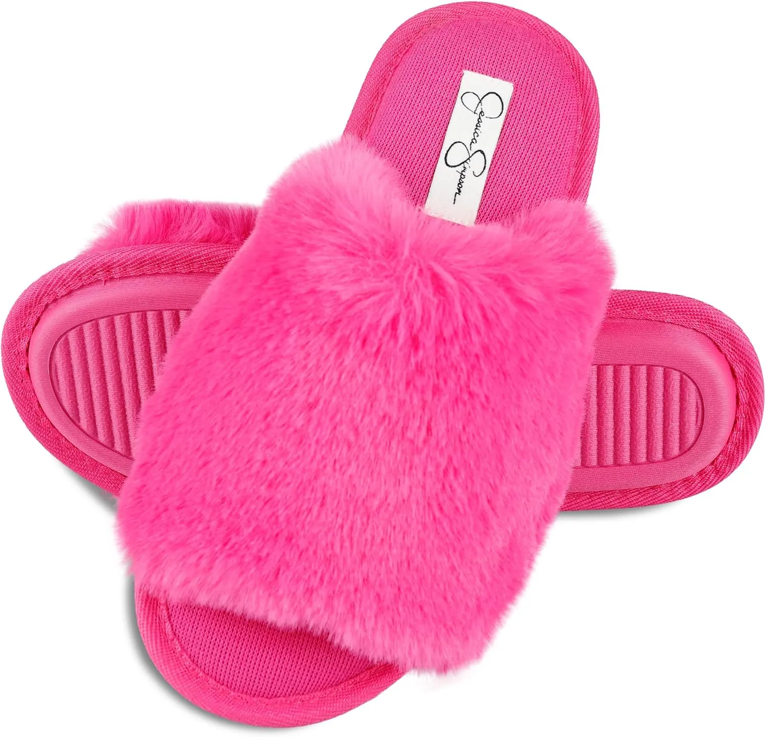 Jessica Simpson Women's Plush Faux Fur Fuzzy Slide on Open Toe Slipper with Memory Foam
