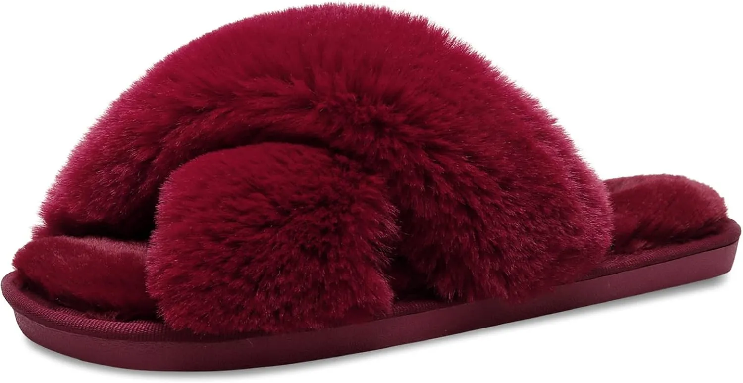 JIASUQI Women's Open Toe Slippers Fuzzy Fluffy House Slippers for Women Cozy Criss Cross Furry Slides Slippers