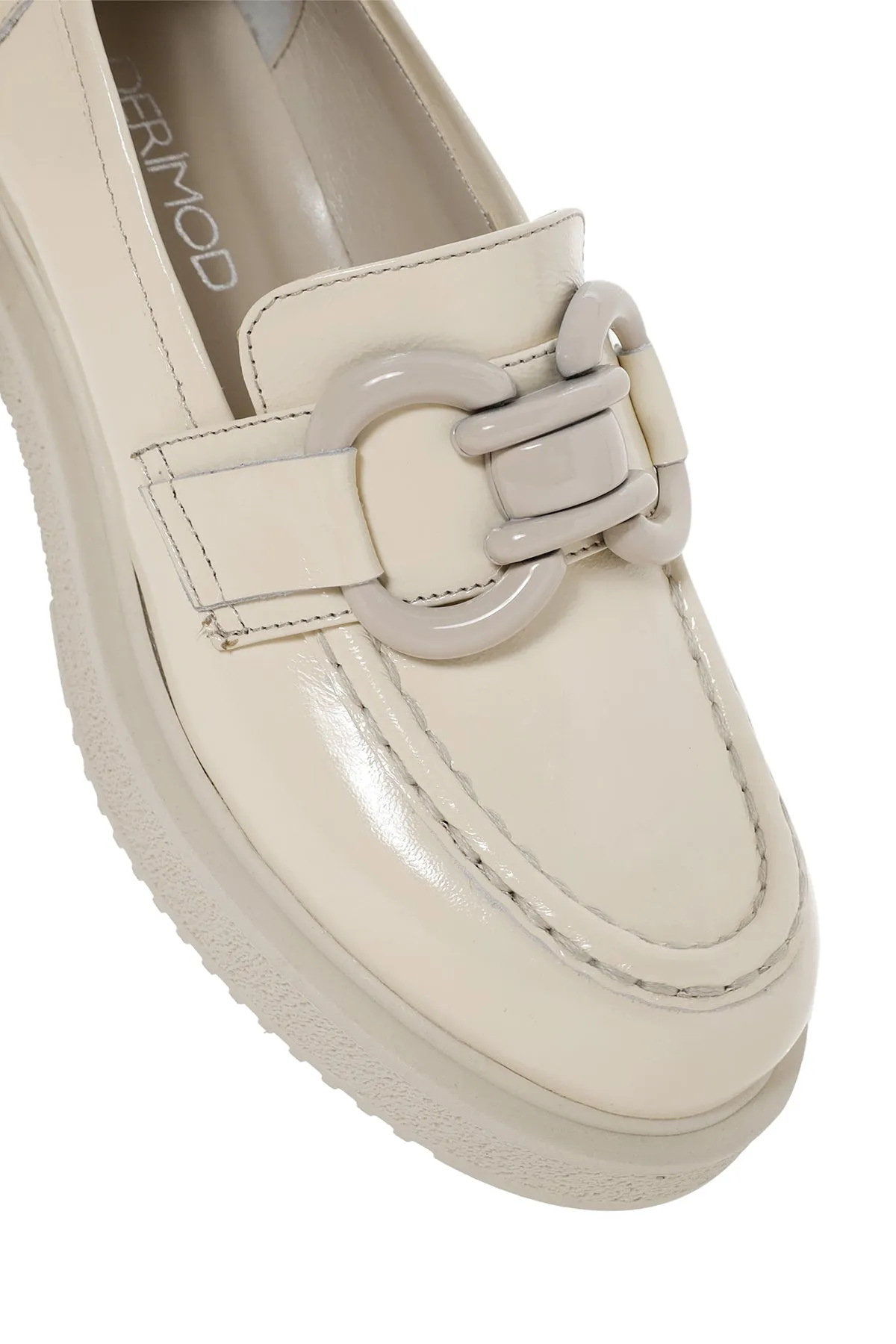 Kadın Bej Deri Rugan Maskülen Loafer
