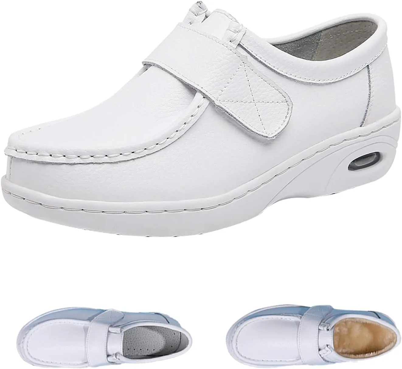 Keilinia Women's White Air Cushion Nurse Shoes,Fall/Winter Comfy Leather Adjustable Orthopedic Healthcare Wedge Walking Sneaker